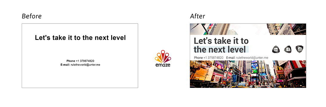 deux versions côte à côte d'une diapositive de présentation, la version originale n'est pas impressionnante et la version Emaze de la diapositive est impressionnante
