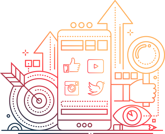 design illustrativo che mostra gli obiettivi che vengono raggiunti e le icone dei social media