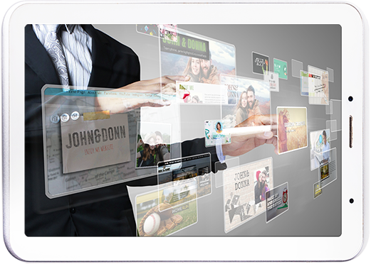 schermo del tablet con un design illustrativo di uomo d'affari che scorre attraverso modelli virtuali