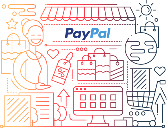 illustrative design of person shopping, PayPal logo, and shopping icons