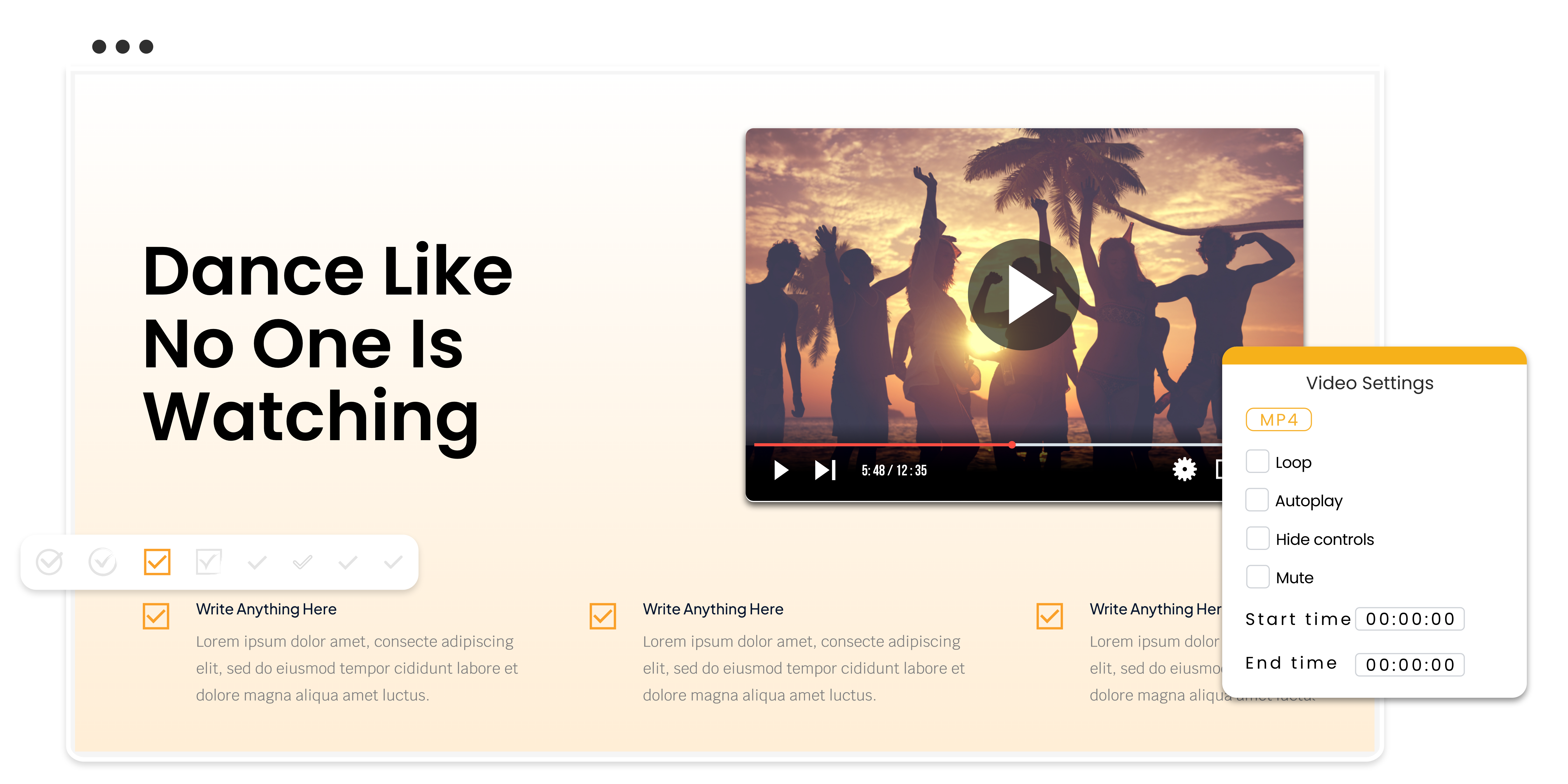 Een dia met video-instellingen en bedieningselementen, en dansende mensen bij zonsondergang op een strand in browserframe.