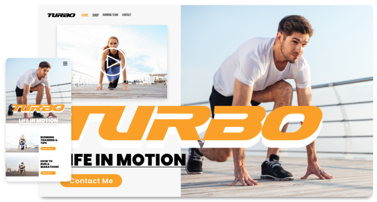 Modelo de site com corredores treinando para uma maratona no computador e no celular
