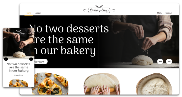 Bakery shop website header featuring a baker sprinkling the dough with flour and kneading it with love